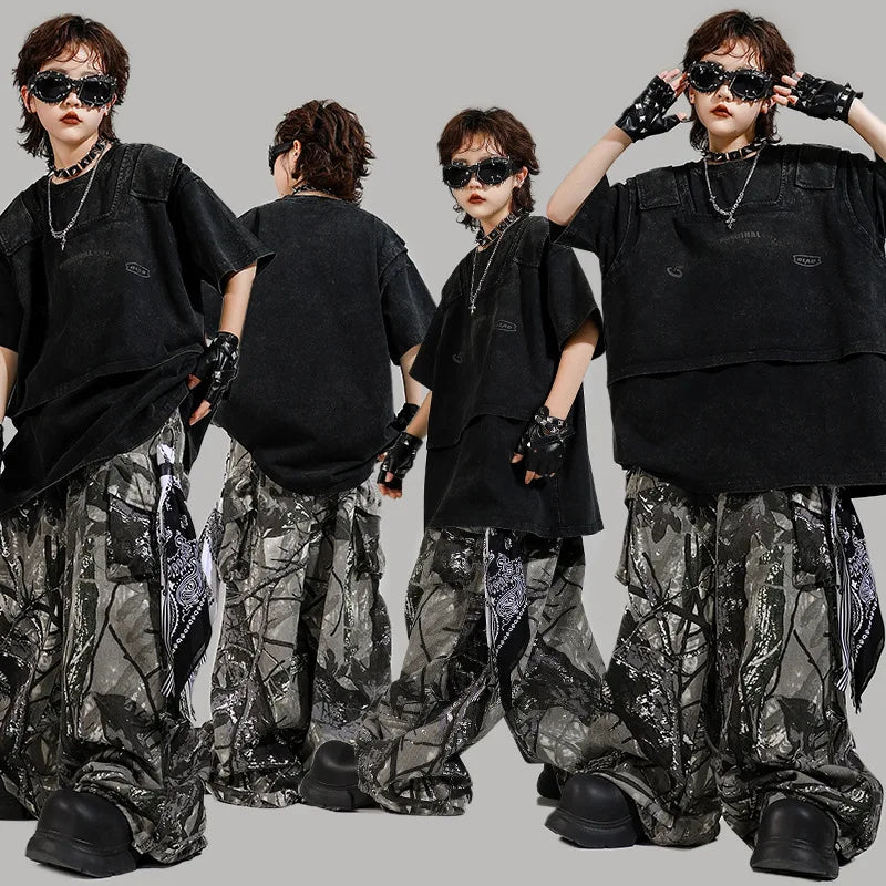 Kid Kpop Clothing Fake-2-Piece T Shirt Leaf Print Streetwear Harajuku Hip Hop Jeans for Girl Boy Jazz Dance Costume Clothes