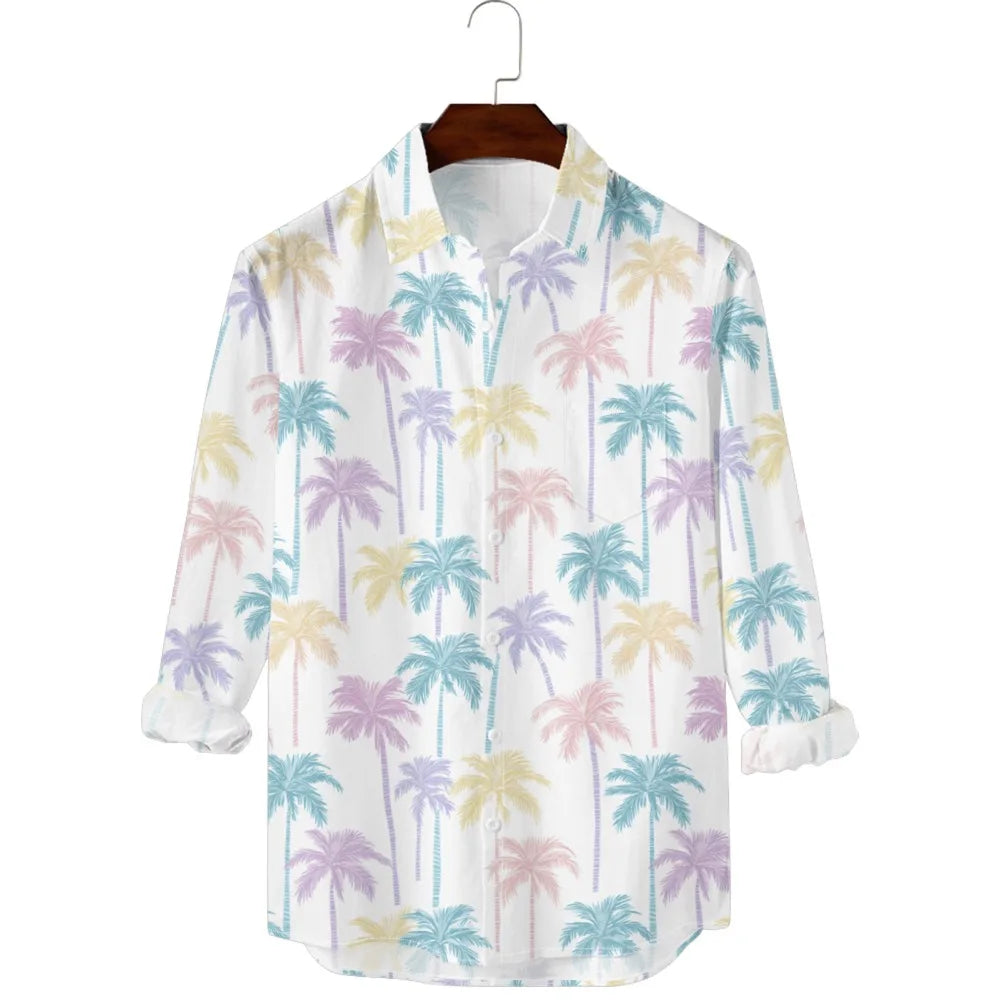 Hawaiian Men Shirts Sunset Ombre Palm Printed Full Sleeve Streetwear Button Up Casual Vacay Beach Parties Poolside Shirt Pocket