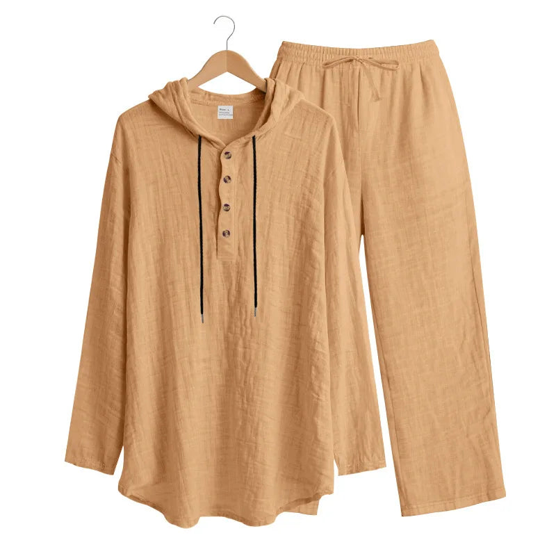Men's Linen Hooded Sets 2 Piece Outfit Summer Casual Long Sleeve Hoodie and Wide Leg Pants Set for Men