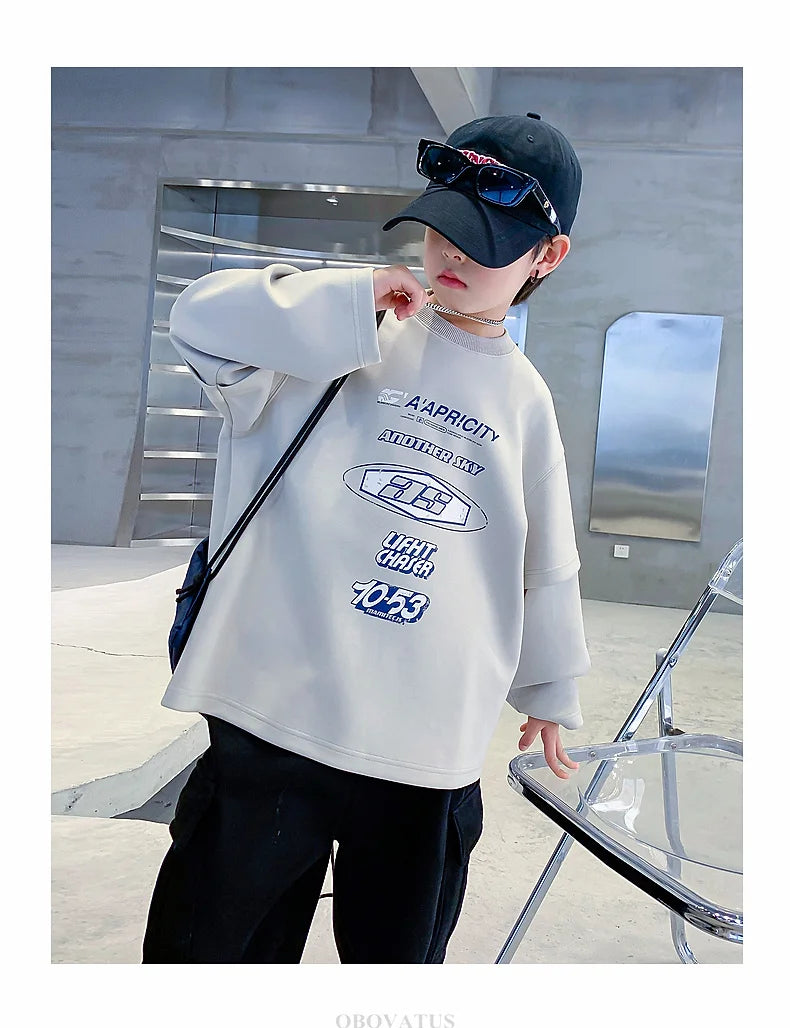 Teenage Kids Tshirts New Spring Fall Clothes Fashion Letter Fake Two Piece Sleeve Costume T-shirt Child Cotton Boy Tees Tops