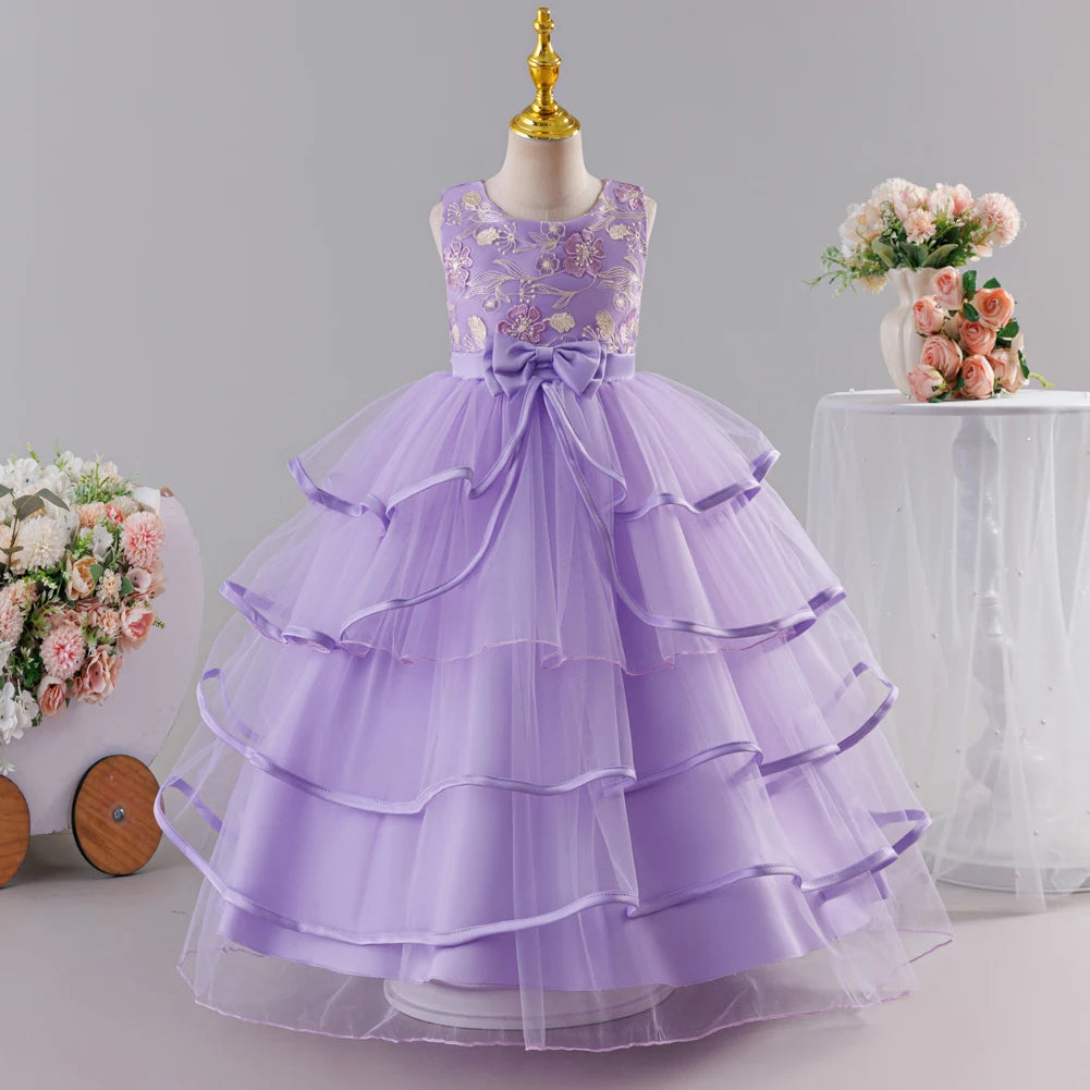 Girls Princess Dress Sleeveless Lace Embroidery Tiered Tulle Bow Formal Evening Gown for Wedding Birthday Party Christmas