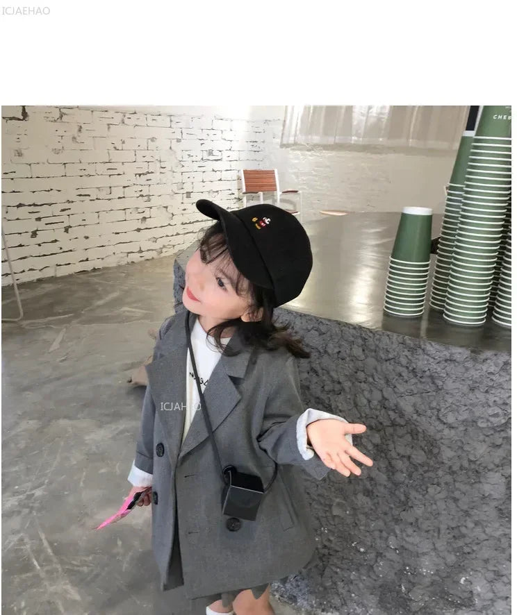 Baby Girls Boy Suit  Kids Tops Coats Jacket British Gray Childrens Clothing Fashion Double-breasted Spring Autumn Costume Sets