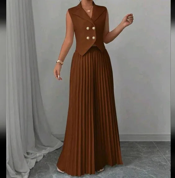 Elegant Formal Women Vest Trousers 2 Pieces Spring New Fashion Retro Wide-leg Pleated Pants Slimming Sleeveless Vest Female Set