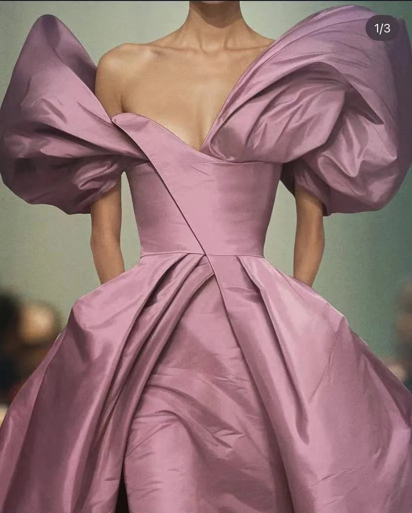 High Couture Dusty Pink Prom Gowns Tiered Shoulder Long Formal Dresses Half Sleeve Elegant Maxi Dress Women vestido de festa