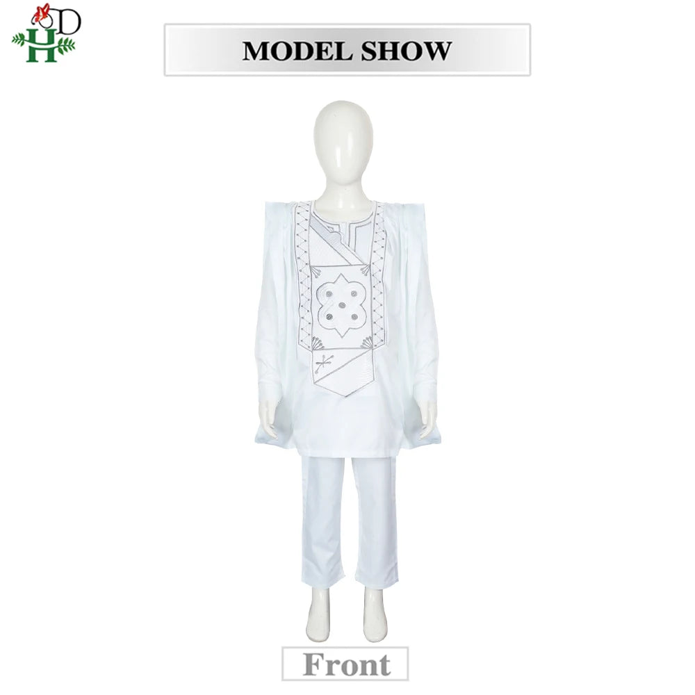 2025 New African Traditional Clothes For Kids Boy White Blue 3 PCS Set Long Sleeve Tops Embroidery Dashiki Robe Shirt Pant Child