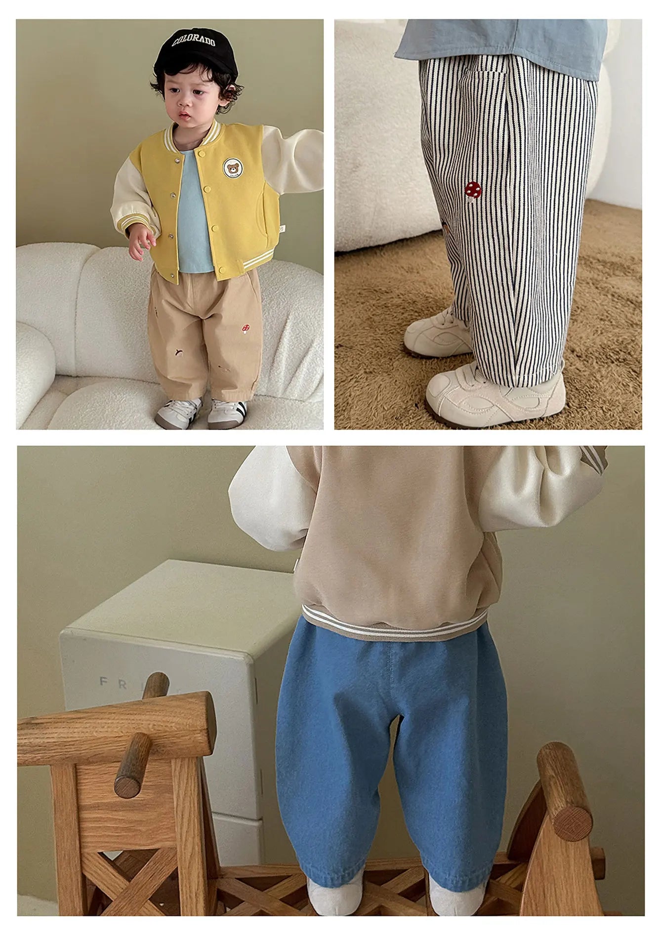 2026 Fall New Toddler Kids Pants Cotton Cartoon Embroidered Harem Pants Baby Boy Casual Striped Denim Baggy Trousers
