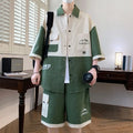 Men's 2 Piece Matching Set Short Sleeve Button Down Shirt + Cargo Shorts Textured Color Block Outfit Loose Fit Summer Lounge Set