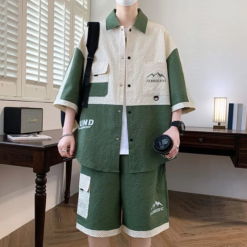 Men's 2 Piece Matching Set Short Sleeve Button Down Shirt + Cargo Shorts Textured Color Block Outfit Loose Fit Summer Lounge Set