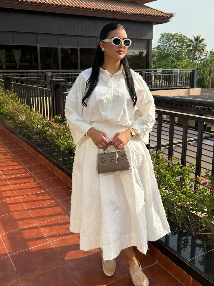 HH Women Shirt Skirt Suit Lapel Single-Breasted Tassel Decoration Casual Shirt Top+Fashion High Waist Zipper Pleated Skirt