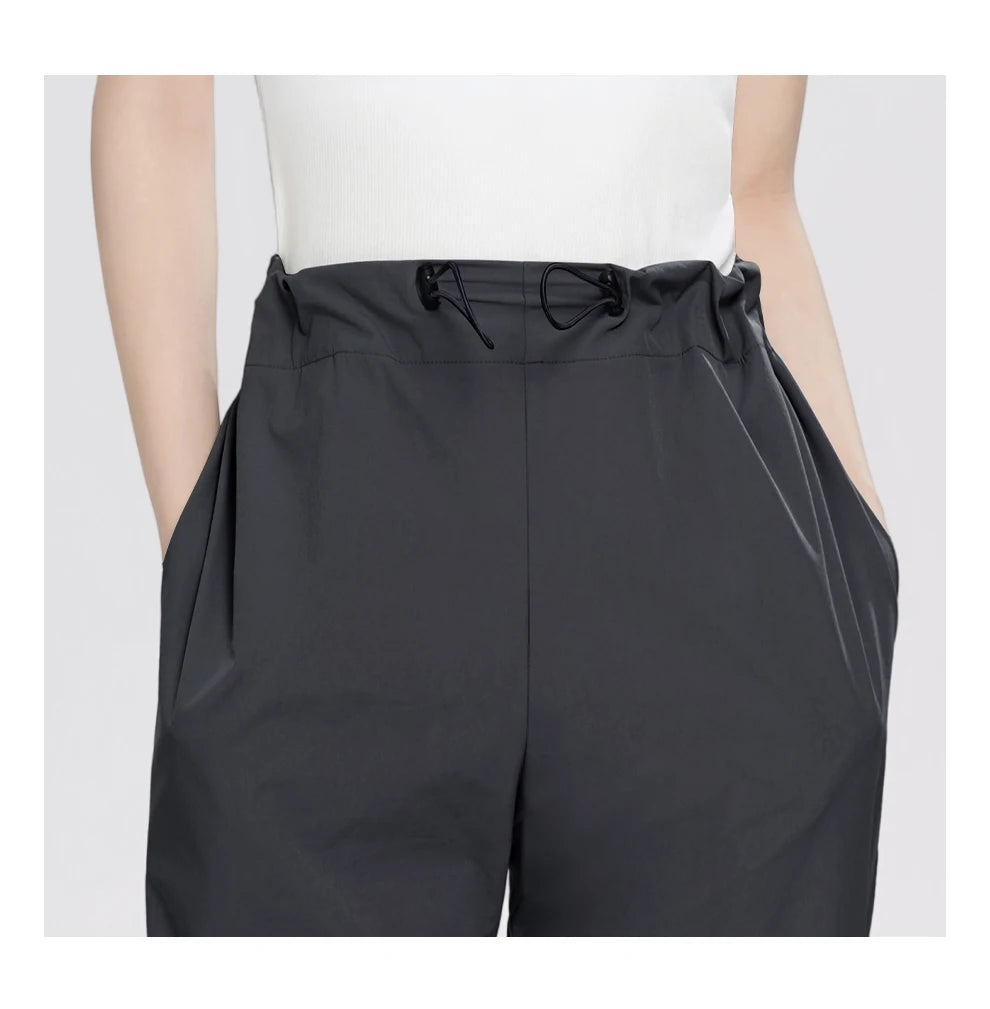 Women Adjustable High Waist Nylon Perspiration Casual Trousers with Pockets Female Athletic Dance Straight-leg Tracksuit Pants