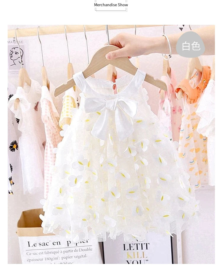 Summer Toddler Dresses Cute Flower Princess Dress Female Baby Butterfly Appliques Dress Children Mesh Bow Kids White Costume