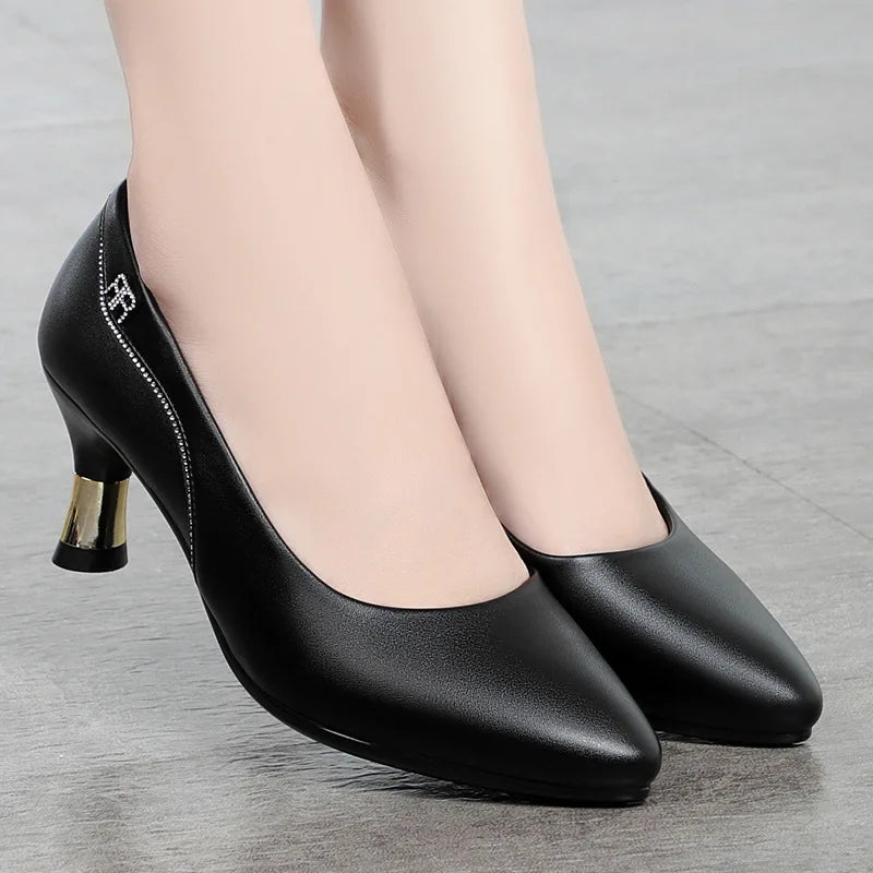 Genuine Leather Women's Shoes 2023 Spring New Single Leather Shoes Work Shoes Mid-high Heel All-match Ladies Women's Shoes