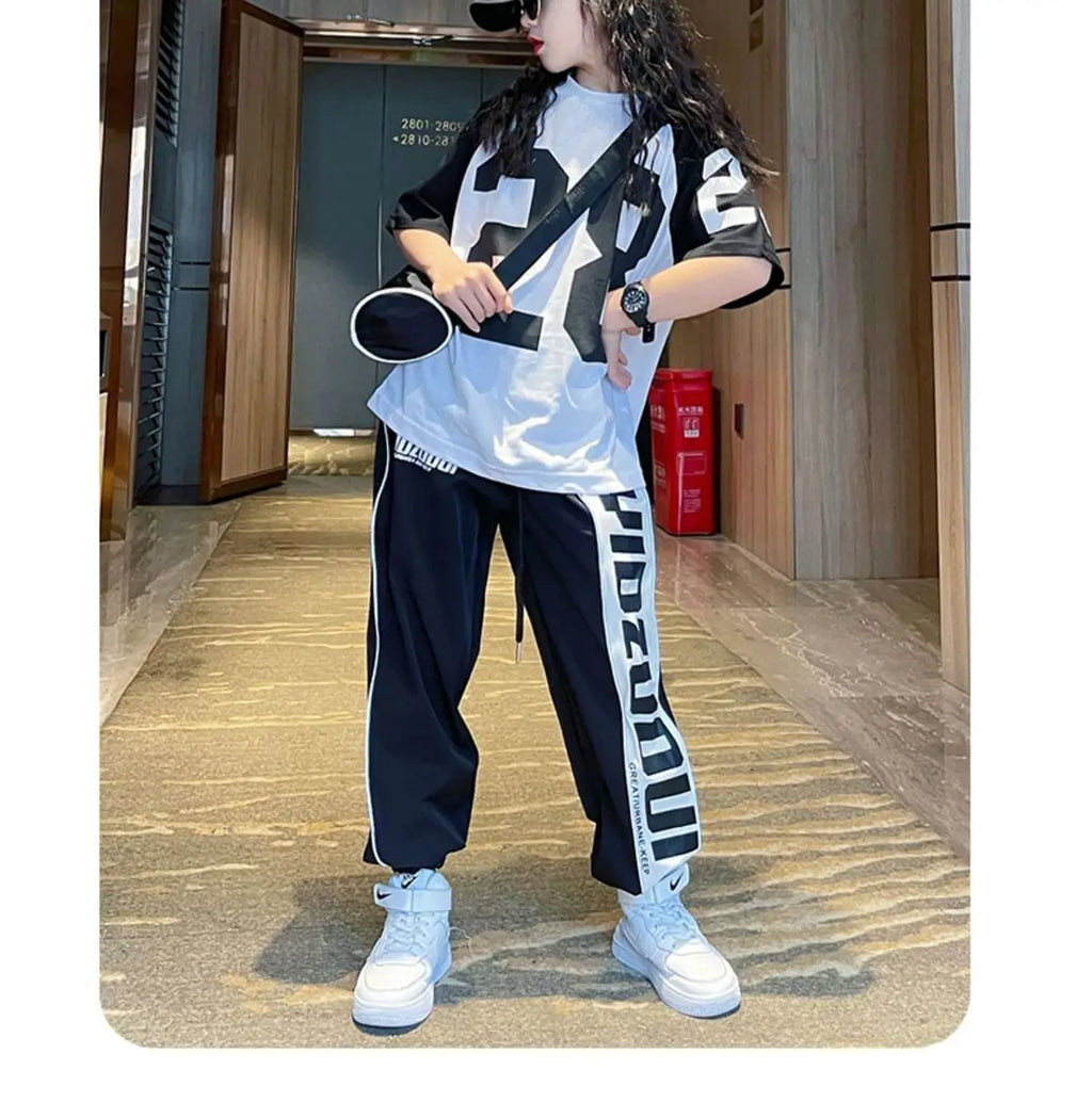 Girls Summer New Fashion Sports Cotton 2pcs T-shirts+Pants Suits 5-14 Years Teenage Girls Hiphop Oufits Tops Sets Kids Clothing