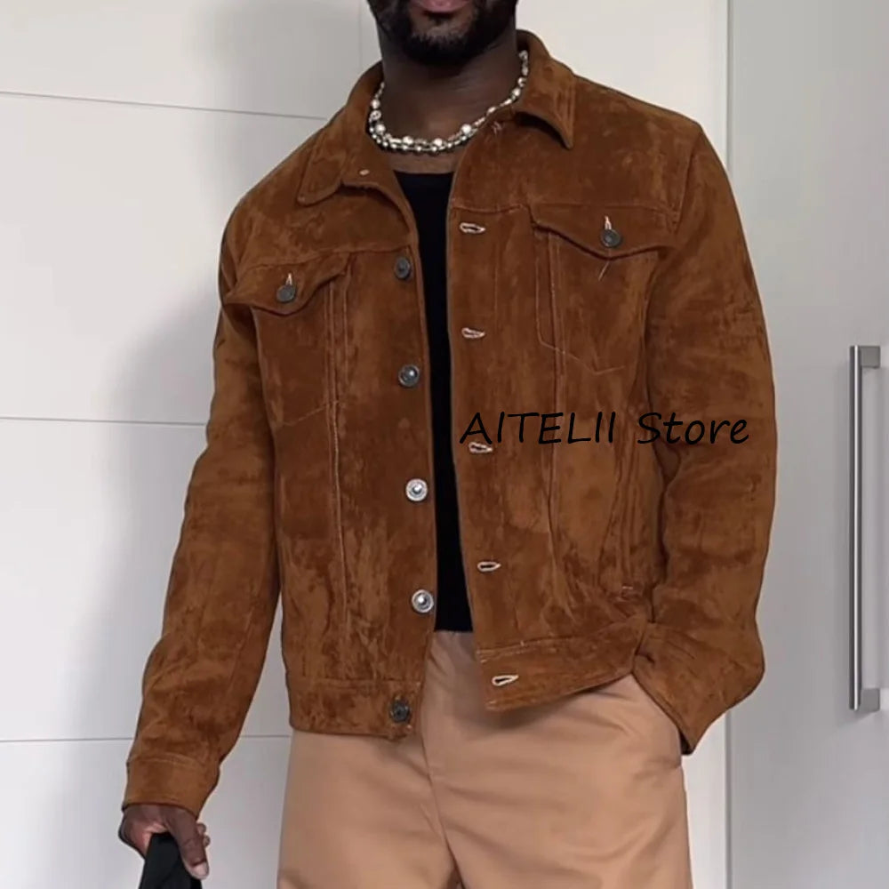 Men's Jacket Streetwear Jackets for Man Single-breasted Suede Fabric Fashion Suit Chest Button Pockets Lapel Casual Suits Blaz