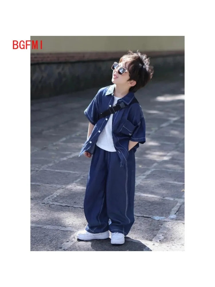 Teens Handsome Boy Short Sleeved Thin Denim Shirt and Pants 2pcs Set 2025 New Children's Summer Suit for Boys and Girls Outfits