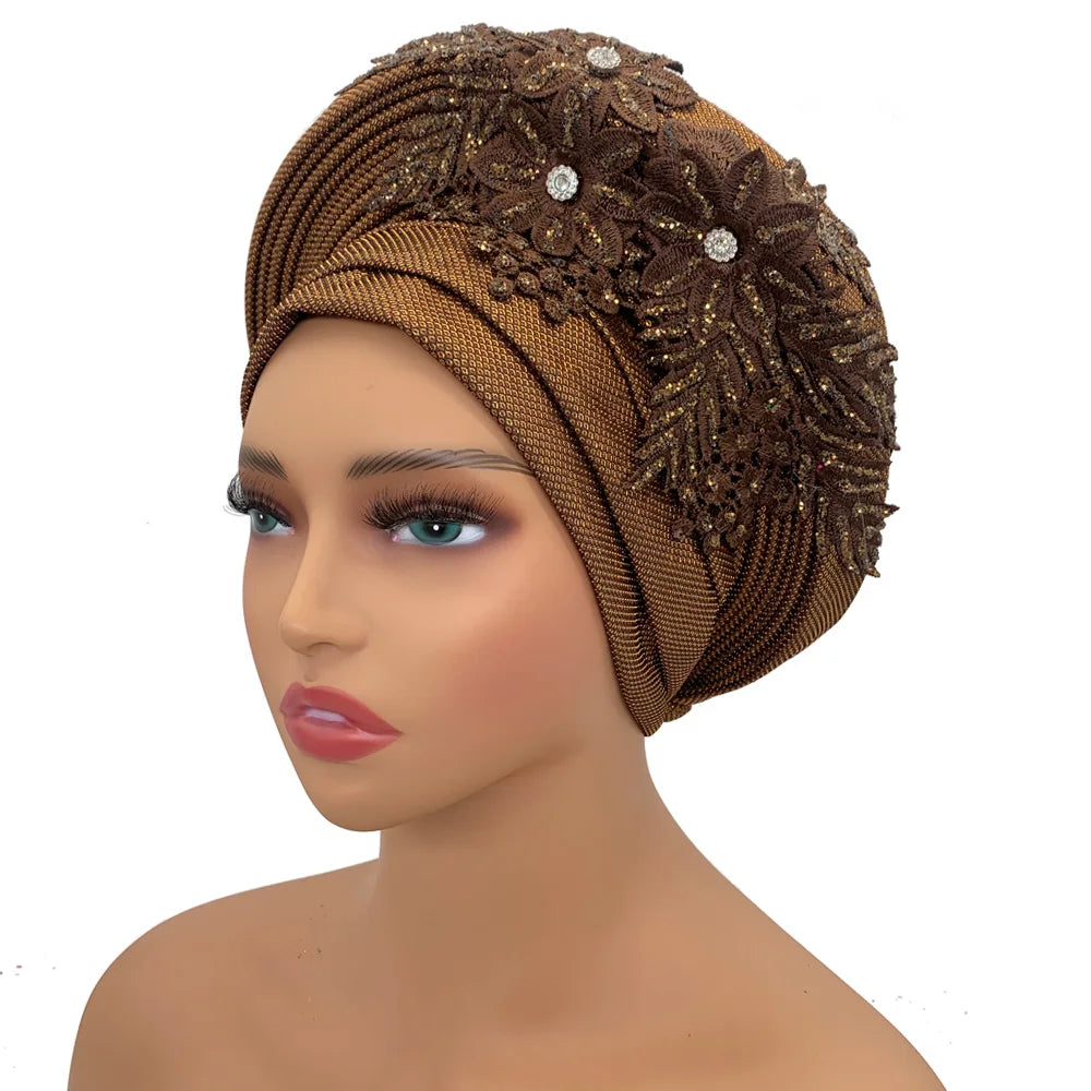 Elegant African Autogele Women's Turban Cap Nigeria Wedding Gele Ready to Wear Headtie with Embroidery Lace Party Headwear