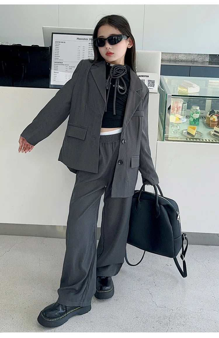 8 10 12 14 teenage Girl suit set Blazer+Wide leg pants 2pcs junior kid clothes suits children clothing girls outfit sets Costume