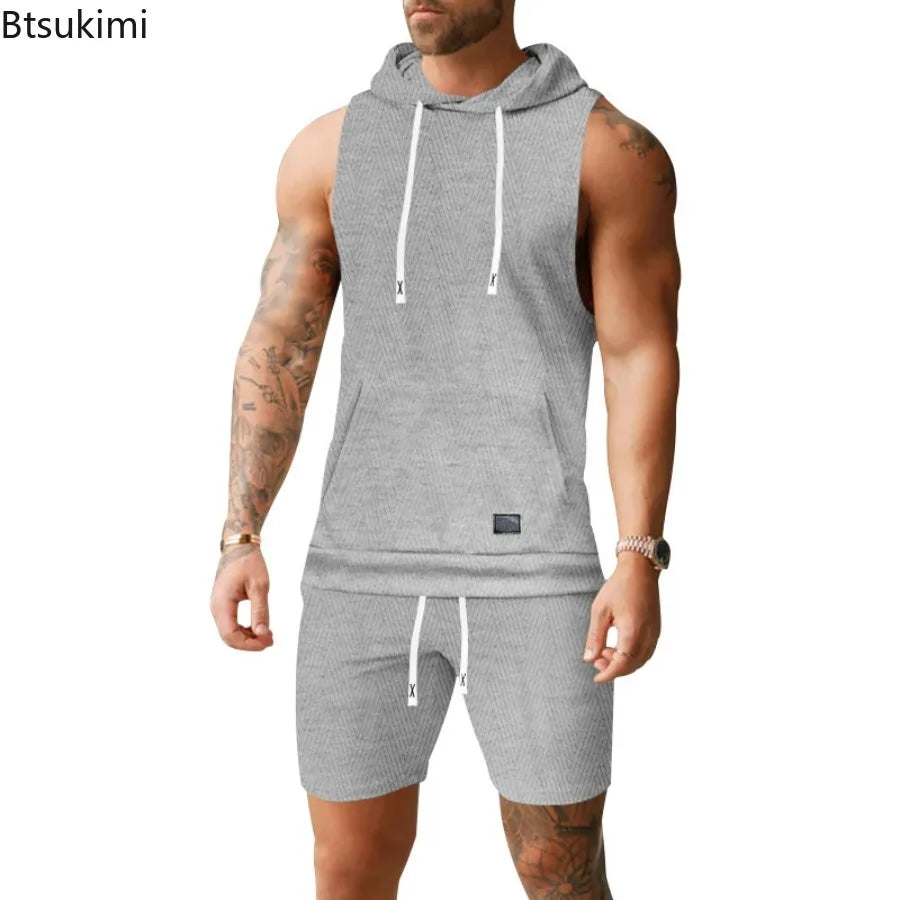 2026 Men's Casual 2 Piece Set Fashion Jacquard Knitted T-shirt Hooded Sleeveless Vest Elastic Waist Shorts Jogging Fitness Suit