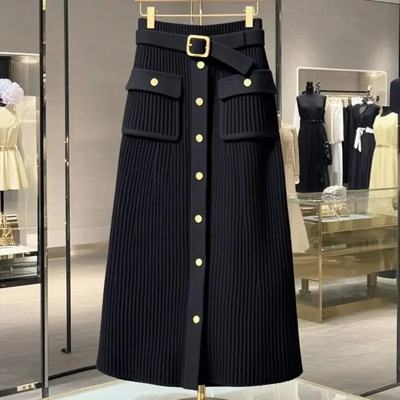 Elegant Office Lady High Waist Wrapped Knitted Skirts Autumn New Fashion Single Breasted Slim Temperam Wool Midi Skirt