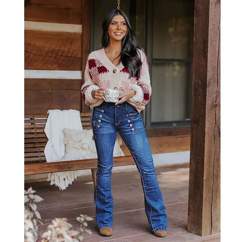 European and American women's jeans with trendy high street button design slim fit and slimming temperament micro flared pants