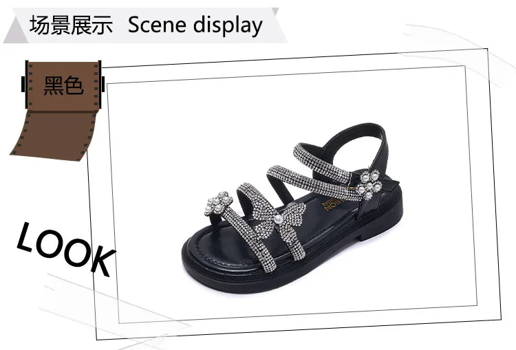 Little Girl's Sandal Summer Kids Princess Sandals Children Soft-soled Beach Sandals fit 2-13Years Old Kid Shoes Pink Black Beige