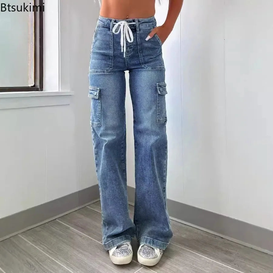 2026 Women's Casual Straight Leg Jeans Pants Fashion Style Belt and Multiple Pockets Functional Work Pants Female Cargo Trousers