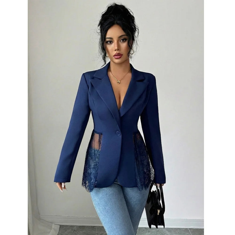 Women Elegant Blazer Suits Ladies Spring Autumn Long Sleeve Single Button Jackets Coats with Lace Hem