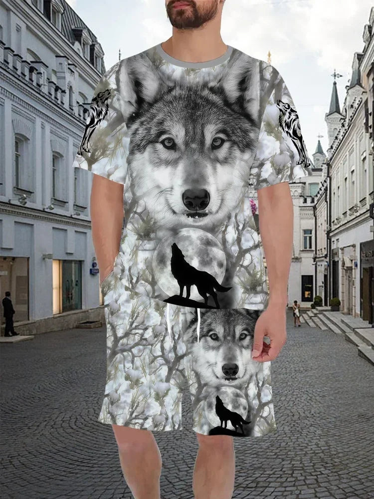 Summer New Men's O-neck T-shirt Sets 3D Animal Printed Lightweight Breathable Traceless Design Short Sleeve Manswear Suit