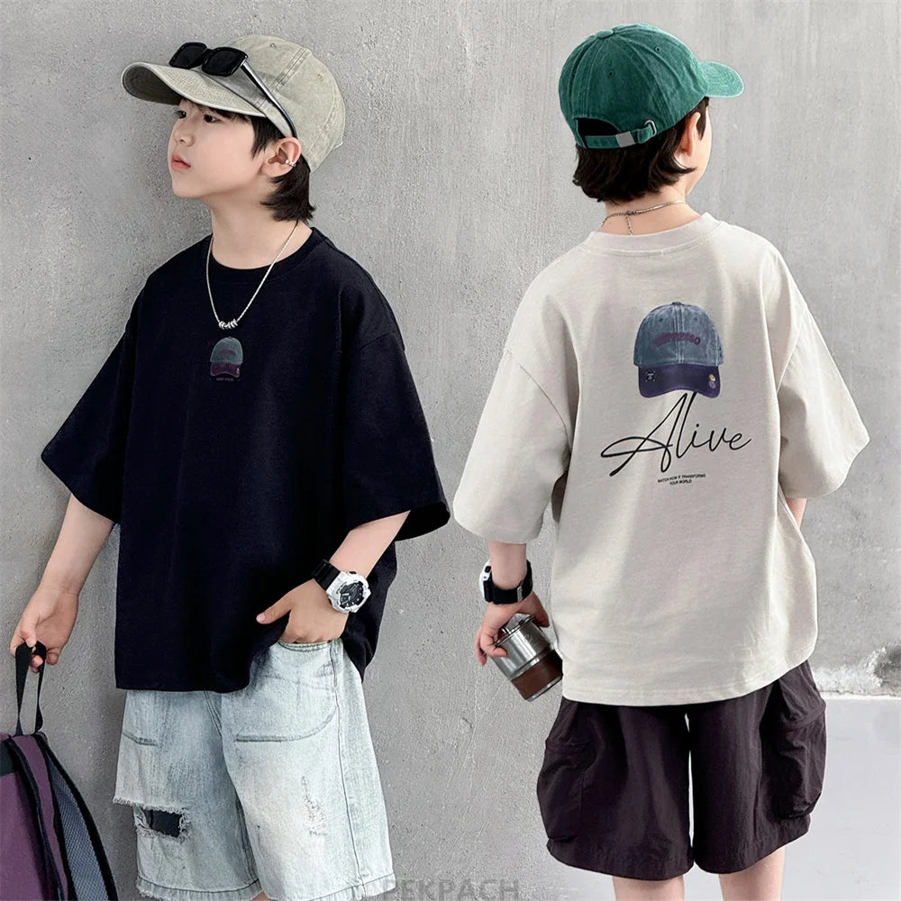 New Summer High Quality Teenage Children Short Sleeve Cotton T-shirt for a Boy Casual Tee Tops Kids Elegant Luxury Tshirt Wear