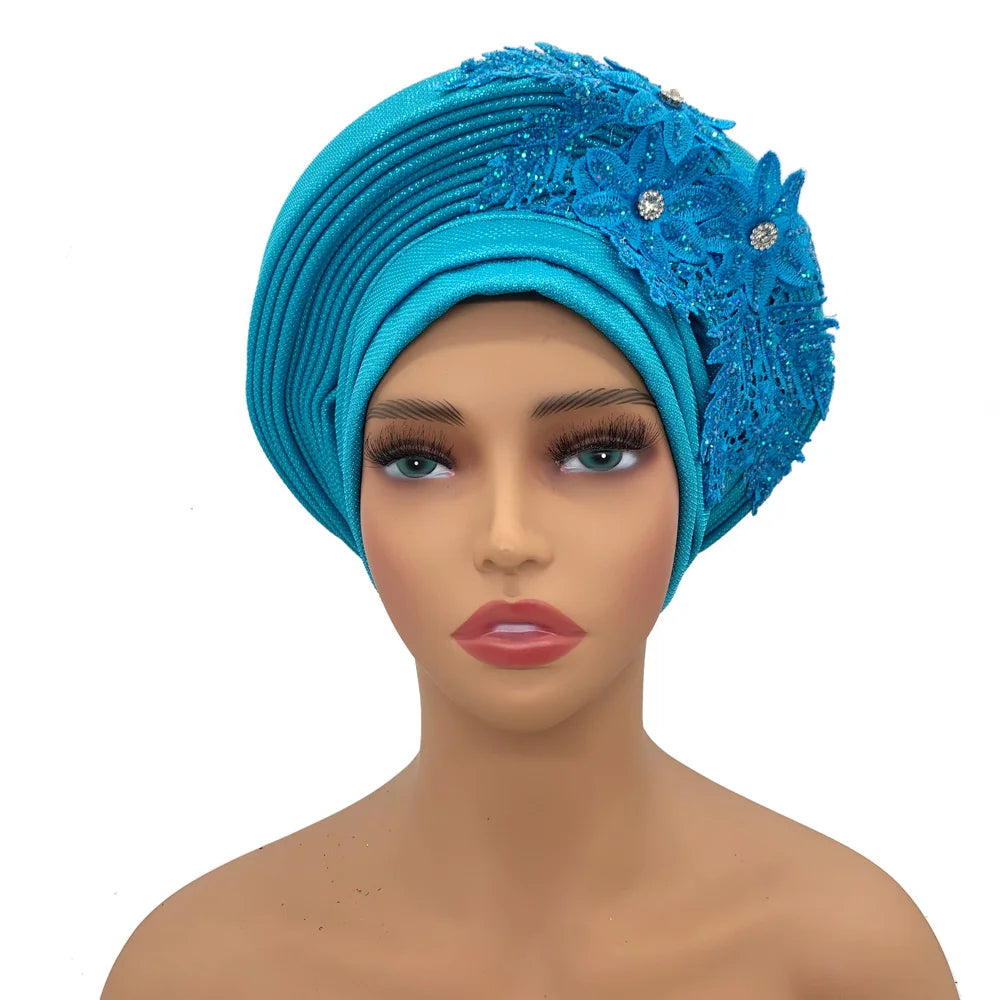 Elegant African Autogele Women's Turban Cap Nigeria Wedding Gele Ready to Wear Headtie with Embroidery Lace Party Headwear