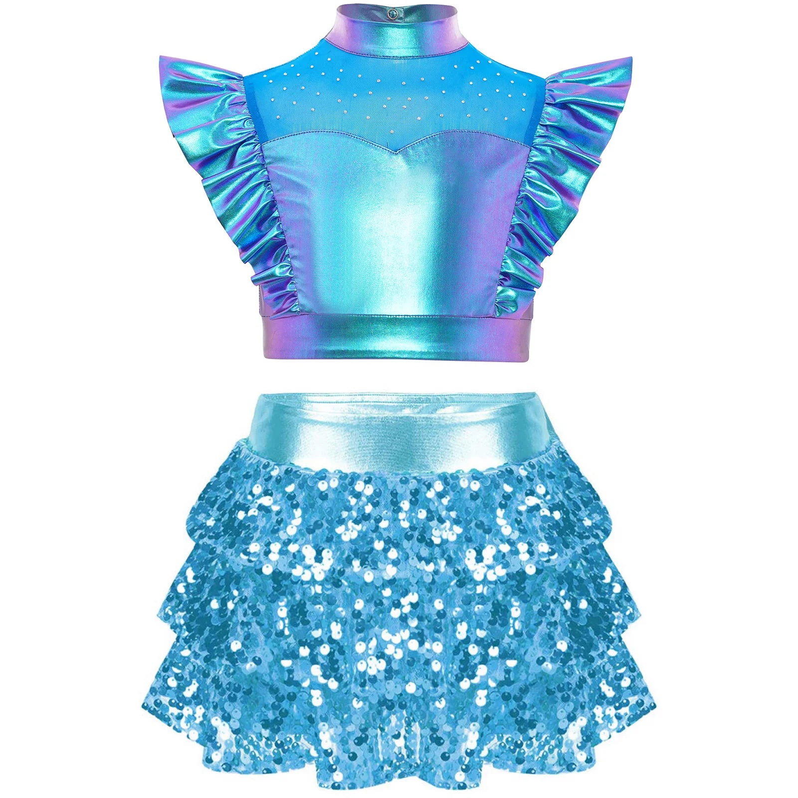 Kid Girls Hip Hop Dance Clothes Kids Jersey Sequin Tiered Skirt Long Tank Top Jazz Metallic Holographic Crop To Cheerleading Set