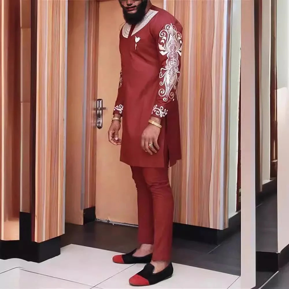 2 Piece African Clothes for Men Spring Fashion African Long Sleeve Top Long Pant Matching Sets Outfits Dashiki African Clothing