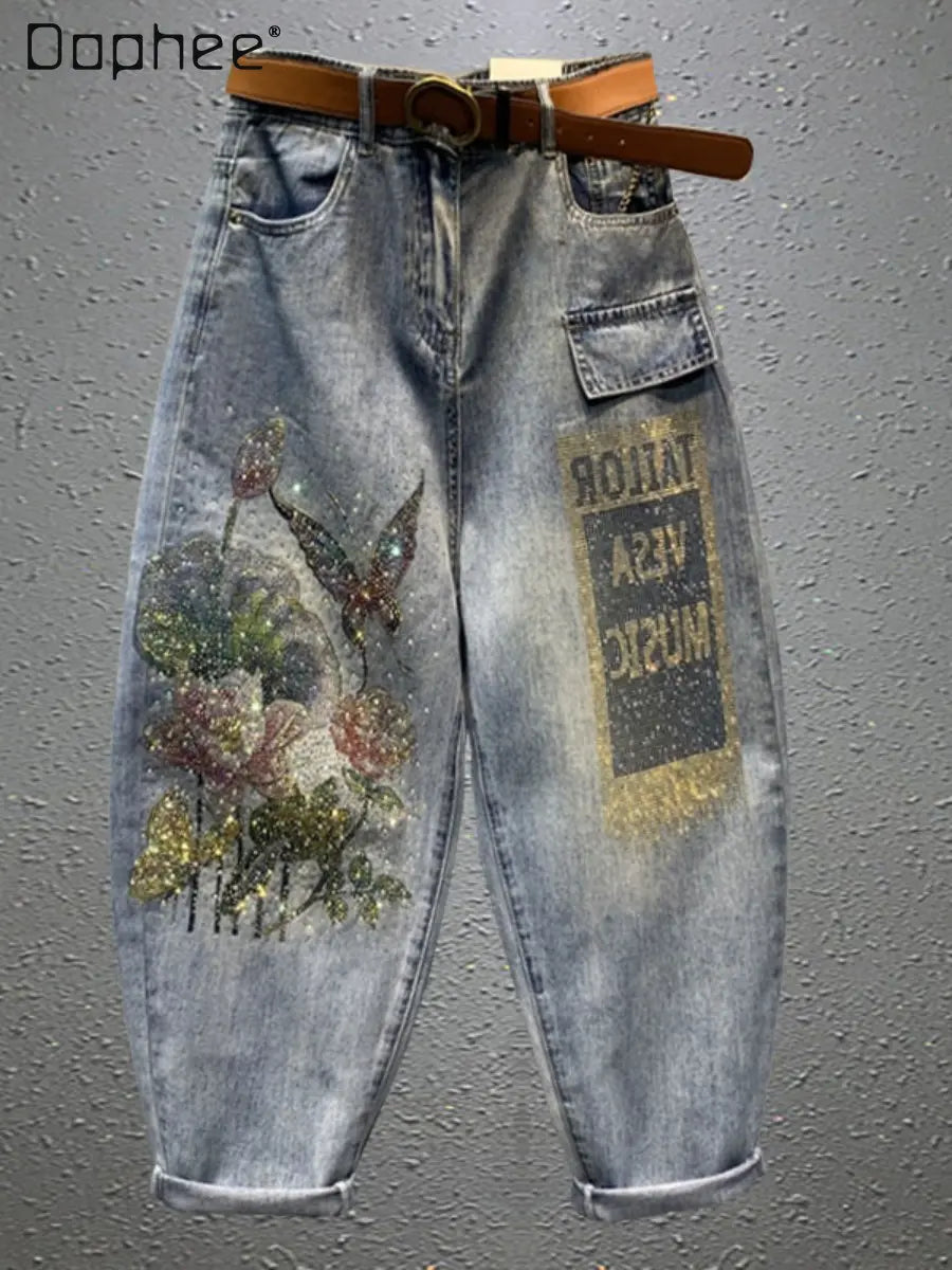 Baggy Jeans Women Printed Rhinestones Jeans Mujer 2023 Spring New Loose Casual Cropped Pants Ankle-Tied Harem Pants Female
