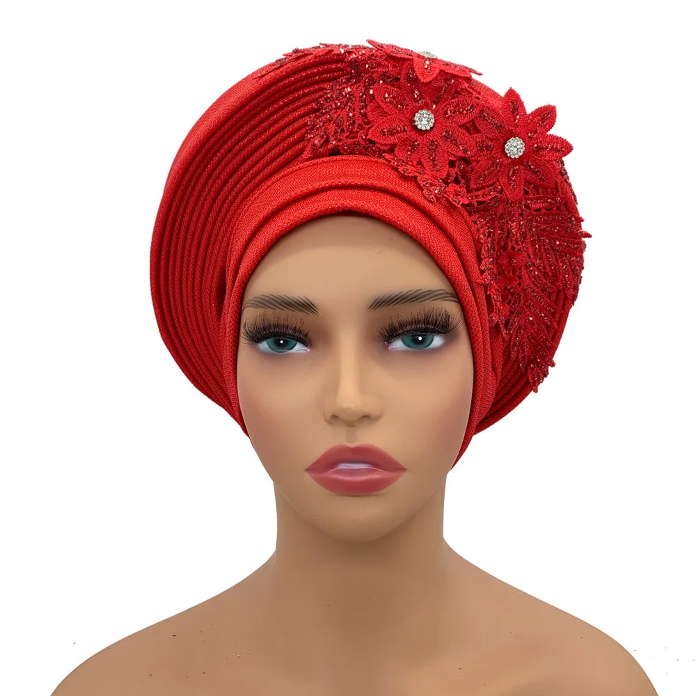 Elegant African Autogele Women's Turban Cap Nigeria Wedding Gele Ready to Wear Headtie with Embroidery Lace Party Headwear