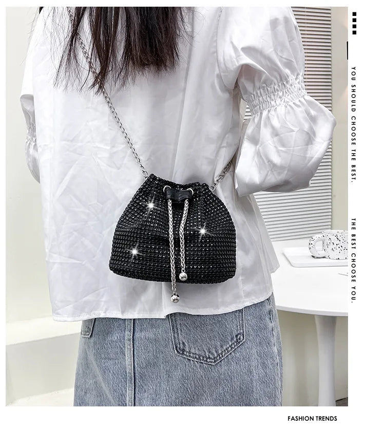 Women Luxury Shoulder Bag Solid Color Rhinestone Glittering Satchel Bag Drawstring Shinny Sling Purse Dinner Party Bag