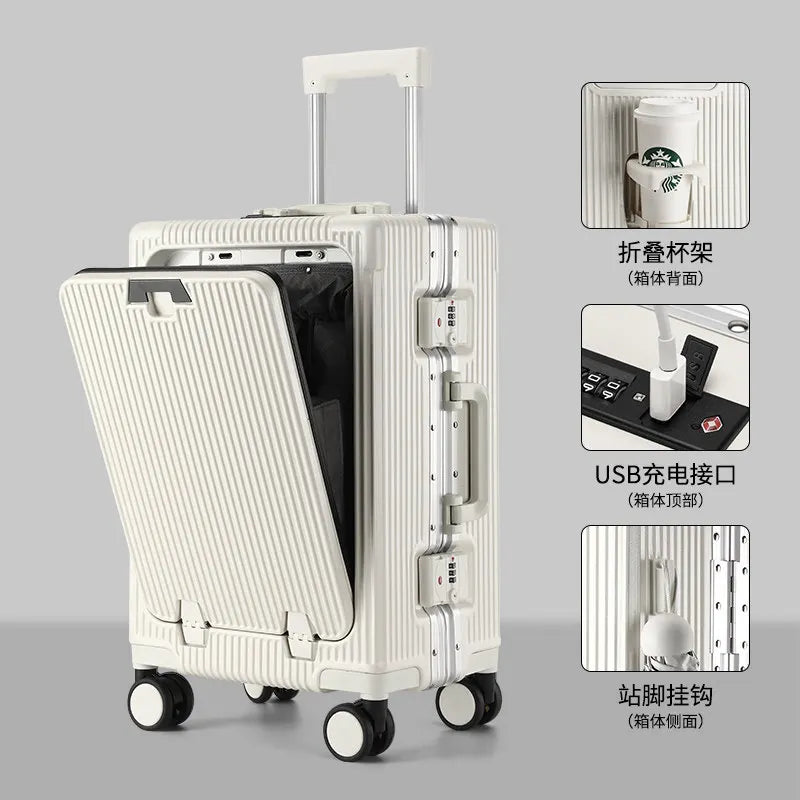 2026 new front opening luggage compartment, multifunctional business travel suitcase, sturdy passenger boarding suitcase