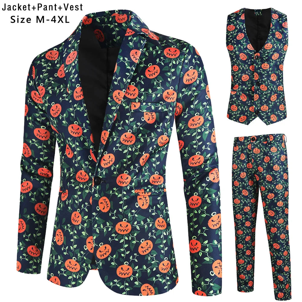 New Men's 3 Piece Christmas Sets Blazers+Vest+Pants 2026 Xmas Printed Men Suit Set Party Stage Dress Up Style Costume Streetwear