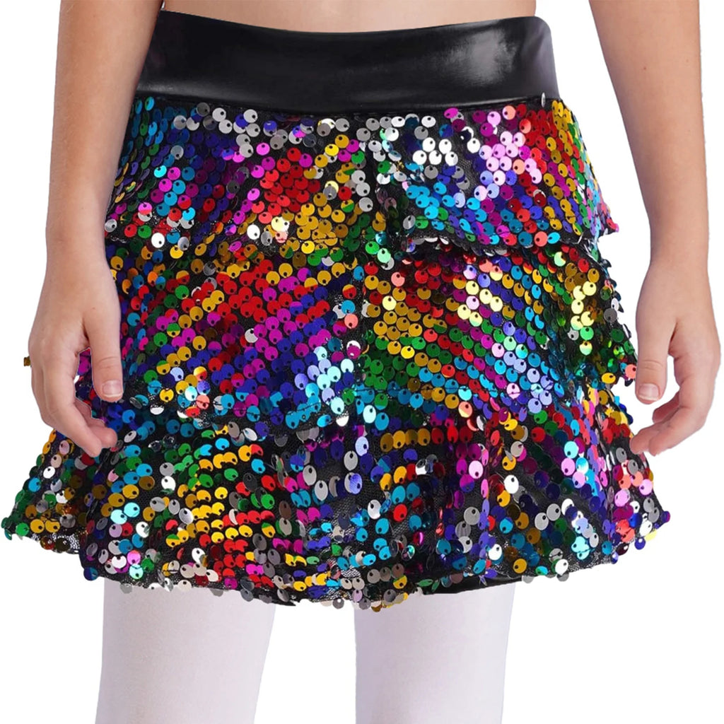 Kid Girls Hip Hop Dance Clothes Kids Jersey Sequin Tiered Skirt Long Tank Top Jazz Metallic Holographic Crop To Cheerleading Set