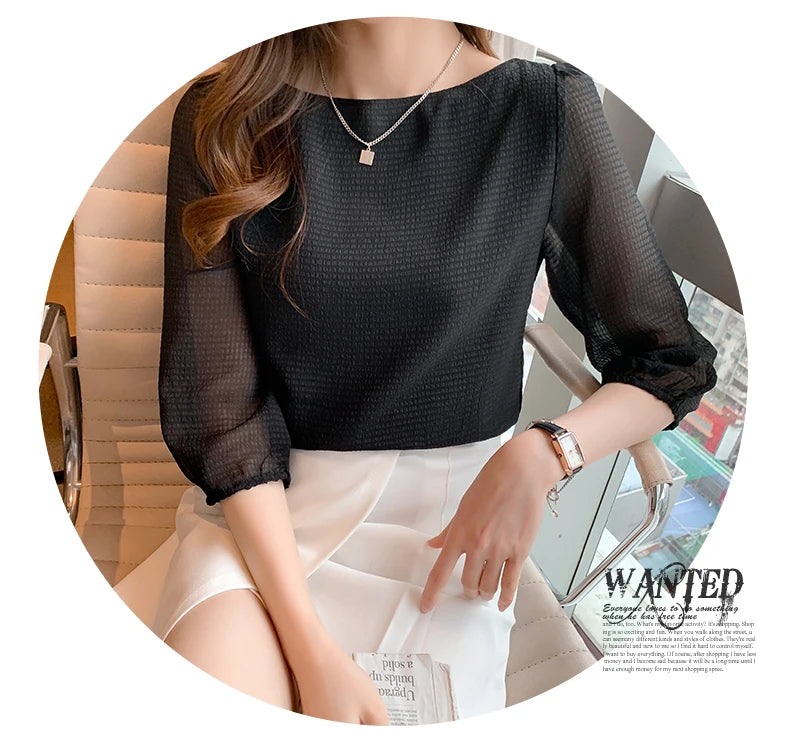 Blusas Para Mujer 2026 New Women Blouse Shirt O-Neck Black Chiffon Blouse Shirt Women Tops Blouses Shirts Blusas Camisas E474