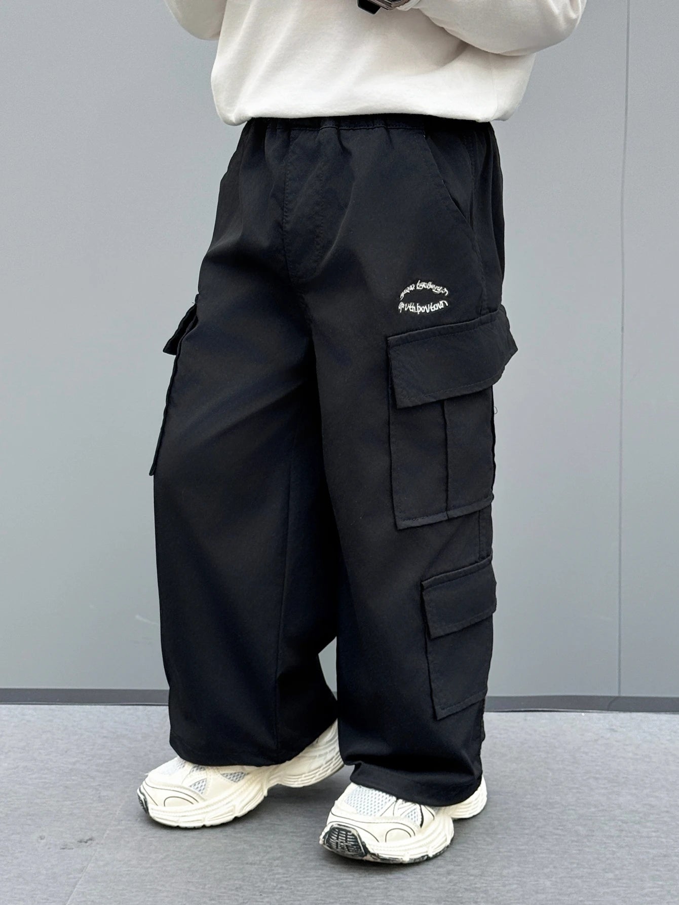 Toddler Boy Khaki Cargo Pants, Elastic Waist Multi-Pocket Casual Trousers With Embroidery Detail, Loose Fit Streetwear For Kids