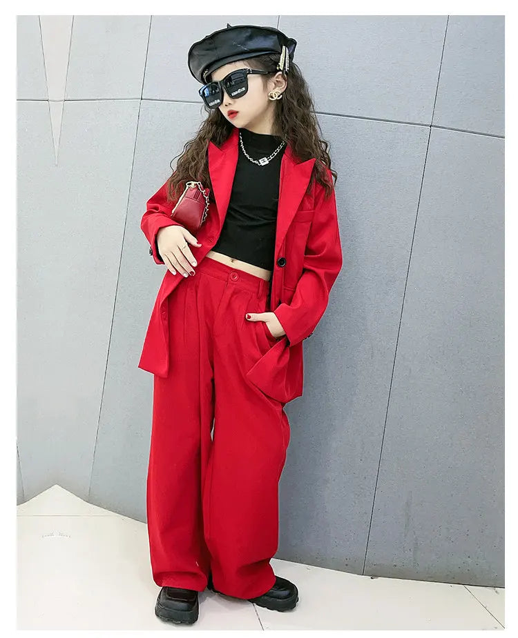 Girls Red Blazer Suits Clothing Sets Spring Autumn Kids Jackets+Pants Fashion Loose Formal Teenager Casual Outfits 5-14Years Old