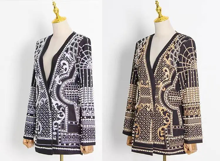 New Fashion Beaded V-neck Blazers for Women Streetwear Trendy High Quality Suit Jacket Coat Outerwear Female Clothing
