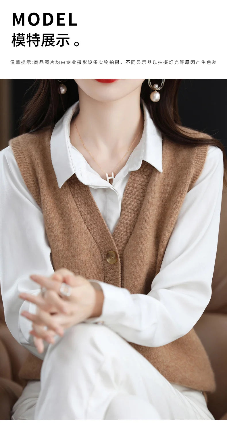 Girls Wear New Women's Loose High-End Waistcoat Knit Vest Wool V-Neck Solid Color Button Sleeveless Fashion Coat Cardigan Trend