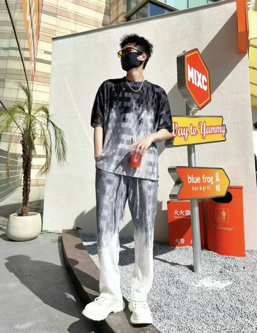 Jogger Jogging Running Male T Shirt Trousers Sets Oversized Graphic Men's Pants Set Print Stretch Tee Cheap Clothes Regular Fit