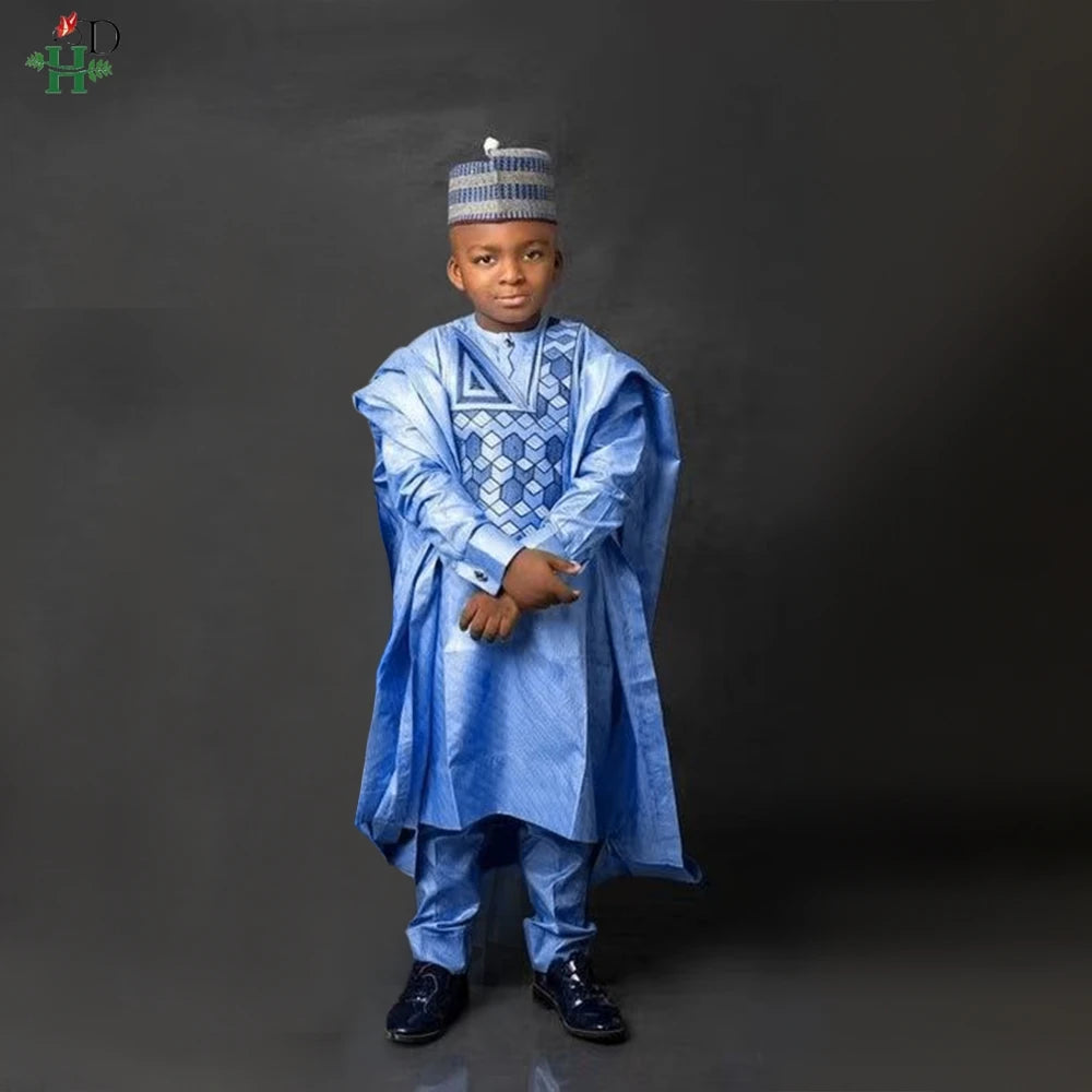 2025 New African Traditional Clothes For Kids Boy White Blue 3 PCS Set Long Sleeve Tops Embroidery Dashiki Robe Shirt Pant Child