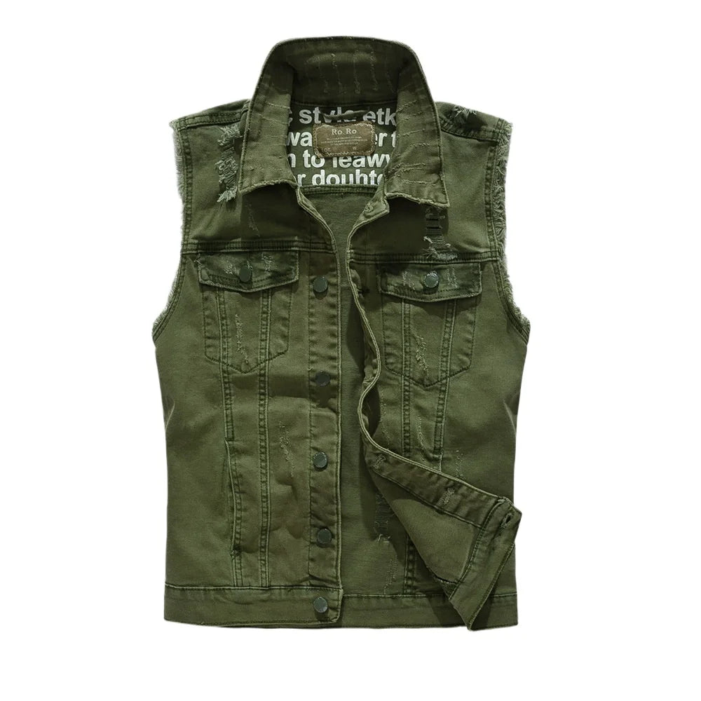 New Fashion Men Ripped Denim Vests Jackets Man Trendy Casual Sleeveless Coats Male Streetwear Personality Slim Jeans Waistcoats