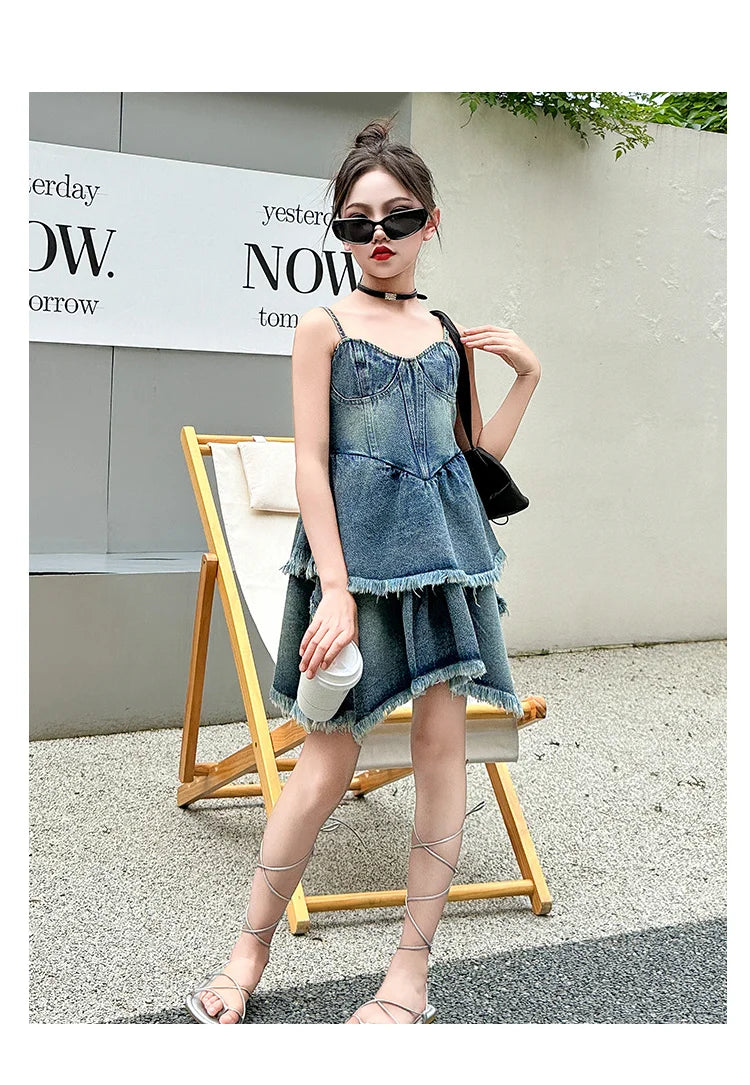 Teen Girls Denim Dresses Summer Sleeveless One-Piece Clothes Kids Jumpsuit Overalls Solid Color Dress Fashion Children's Costume