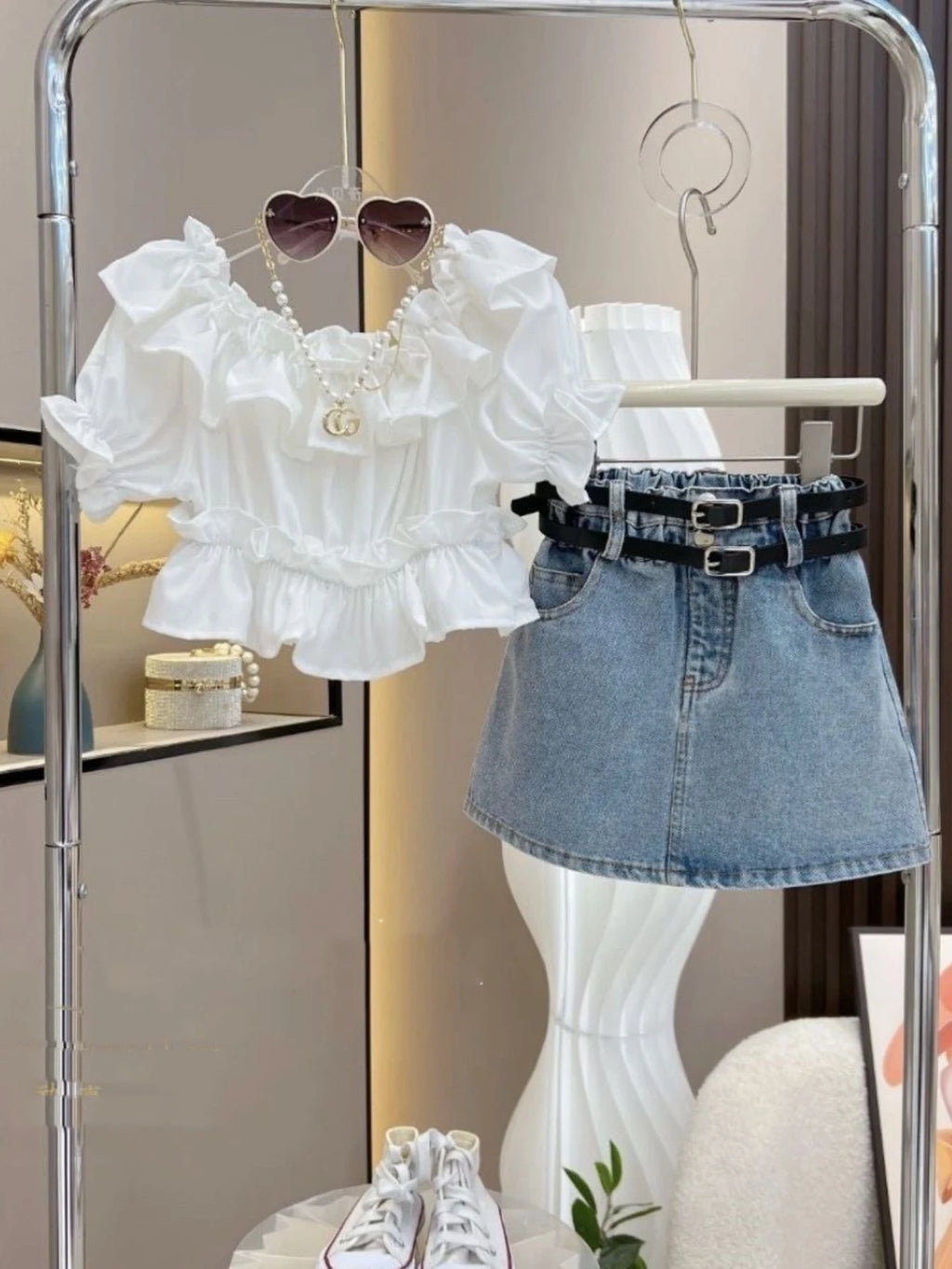 Girls Fashion Set – Ruffle Sleeve Top & High-Waisted Denim Skirt, Includes Belt, Cute Summer Outfit for Kids