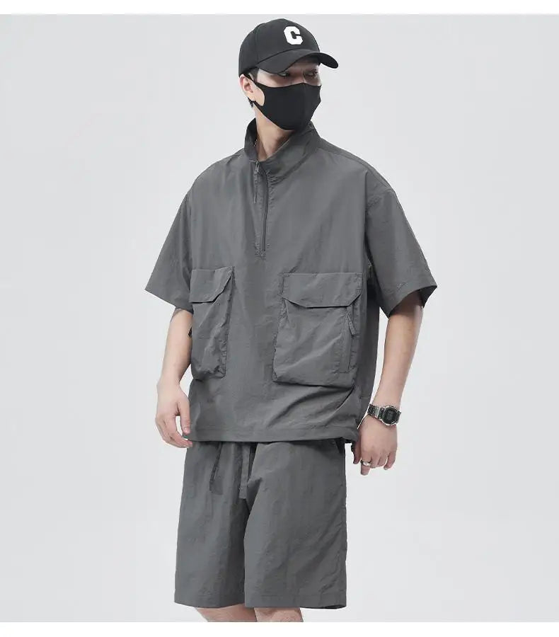 Casual Sportswear Suit for Men Solid Color Loose A Complete Set of Teenagers American Handsome Loose Versatile Two-piece Set