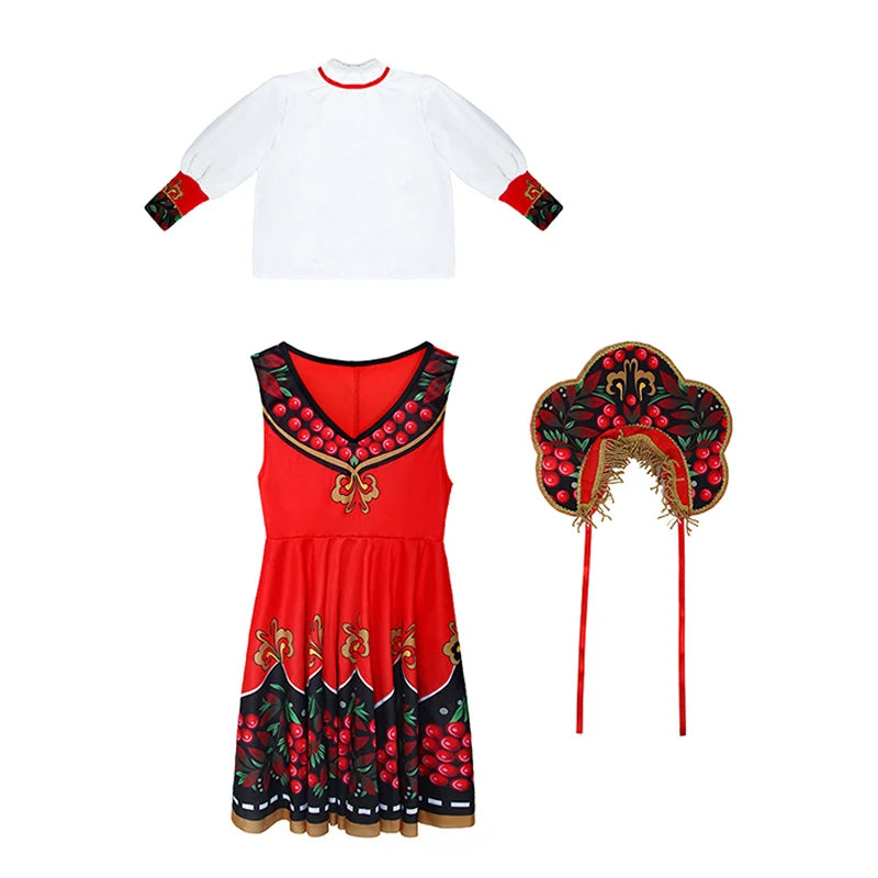 Russian Children Traditional Folk Dance Dress Girls Princess Clothing Tops dress Headwear Carnival Stage Performance Costume